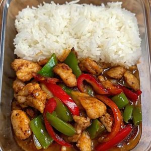 steamed white rice with chicken stir fry